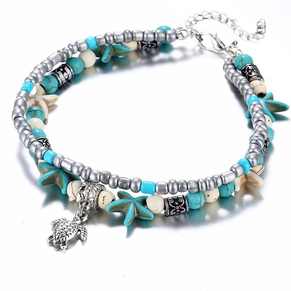 Women fashion turquoise anklets silver plated beaded double foot chain bracelet conch starfish mizhu yoga summer beach turtle anklets