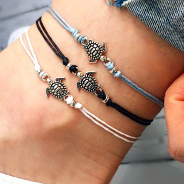 Women new vintage waxcord turtle anklets foot chain bracelet antique silver three color optional turtle beach chain wholesale