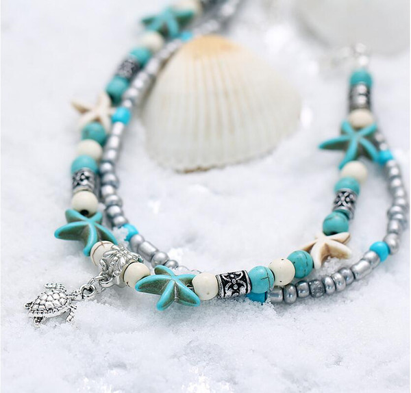 Vintage Shell Beads Starfish Turtle Elephant Peach Heart Anklets For Women New Multi Layer Anklet Leg Bracelet Handmade Bohemian Jewelry