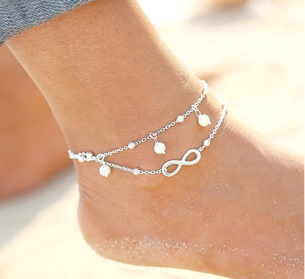 New Vintage Fashion Summer Beach Anklet Bracelet Infinity Foot Jewelry Pearl Bead Gold Silver Chain Anklets Foot Chain for Women Epacket