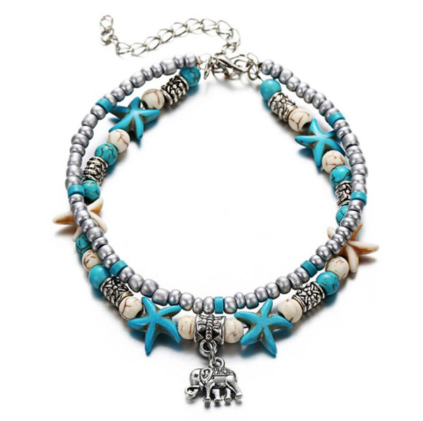 Bohemian Multiple Layers Starfish Elephant Beads Anklets For Women Vintage Boho Shell Chain Anklet Bracelet Beach Jewelry