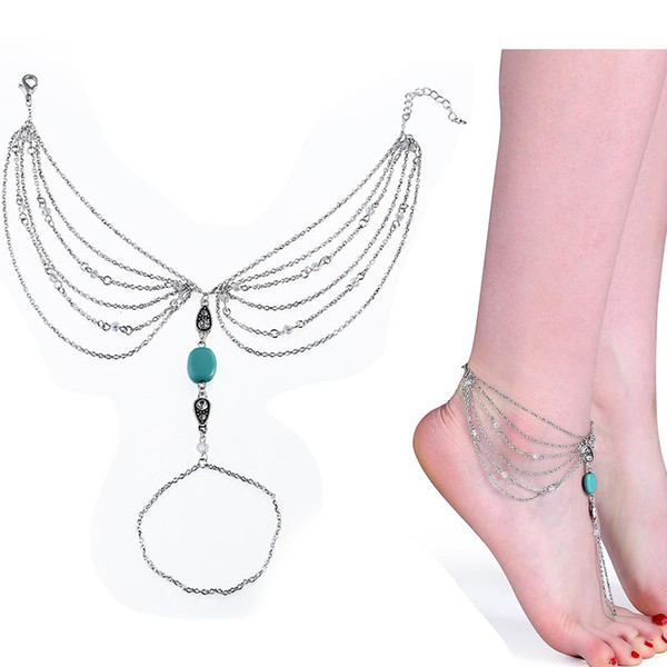 Summer Turquoise Anklet Bracelets Bohemian Ankle Bracelet Beach Wedding Foot Bracelet Gothic Jewelry Barefoot Sandals Chain