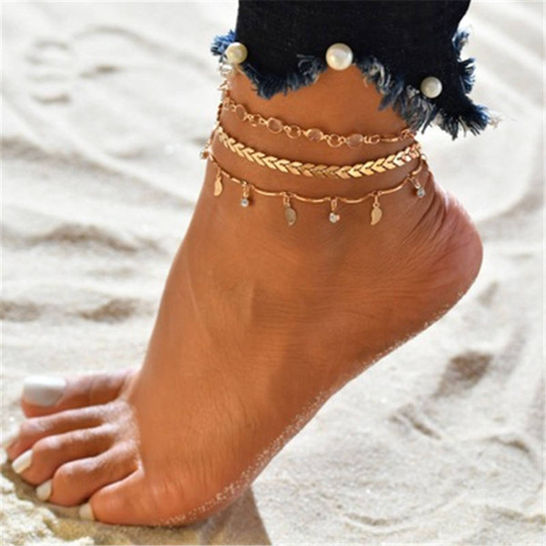 Arrow Leaf Tassel Anklet Chain Gold chains diamond Multilayer Wrap Foot Chain Foot Bracelet Fashion Jewelry Will and Sandy 320277