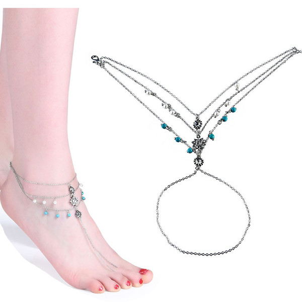 Vintage Silver Color Ankle Bracelet Foot Jewelry Barefoot Sandals pearl Anklet For Women summer beach turquoise anklets Bijoux