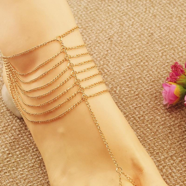 Fashion Gold Plated Anklets Jewelry Women anklets accessories Summer Multilayer Chains Tassel Foot Jewelry