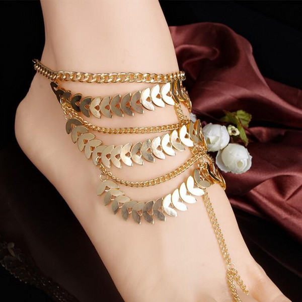 Anklets For Women Fashion Vintage Exaggerated Gold Plated Multi-layer Leaves Tassel Chains Alloy Foot Jewelry