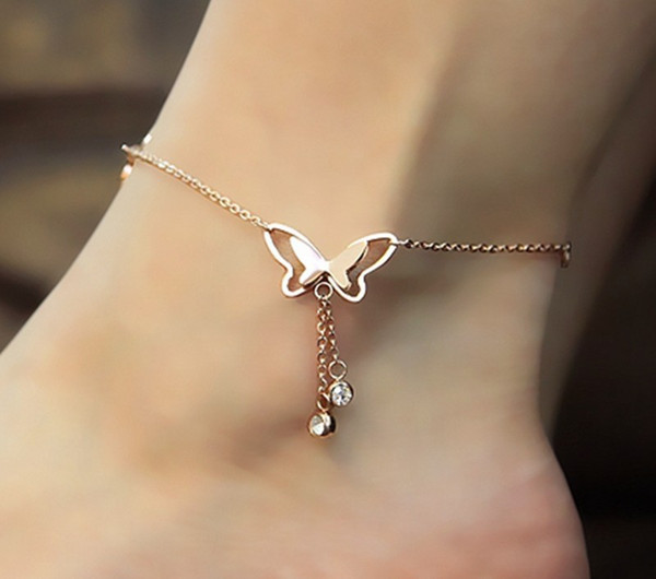 European And American Summer Hot Foot Jewelry Temperament Hollow Butterfly Double Diamond Tassel Rose Gold Anklet Rose Gold Wholesale