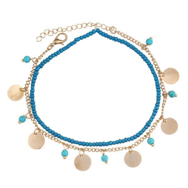 Europe And The United States Fashion Foot Jewelry Bohemian Blue Turquoise Beaded Round Beads Combination Anklet Wholesale