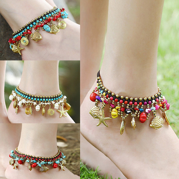 Pure Hand-Woven Turquoise Anklet Multicolor Bohemian Exaggerated Jewelry Korean Version Of Wax Line Weaving Beach Anklet Female