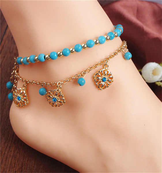 Europe And The United States Fashion Foot Jewelry Bohemian Turquoise Beaded Diamond Plate Fringed Combination Anklet Wholesale