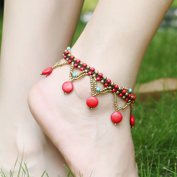 Natural Color Stone Handmade Woven Foot Ring New Style European Jewelry Original Turquoise Anklet Female Bohemia Beach Accessories