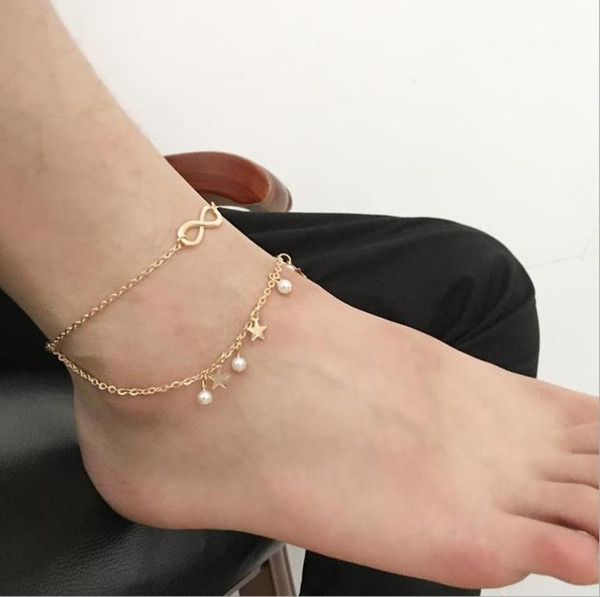 New European and American fashion hip-hop fashion accessories concise personality tassels double star Pearl 8-character foot chain jewelry