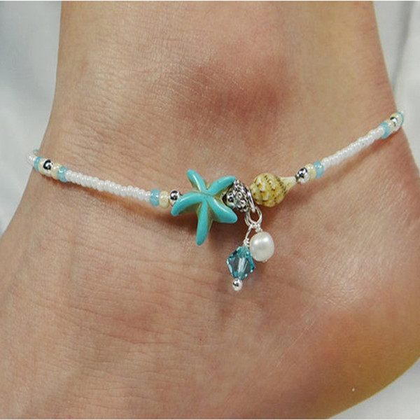 New Fashion Bohemia Conch Starfish Yoga Beach Anklets Crystal Pearl Pendant Anklet Women Charm Beaded Foot Jewelry Gifts