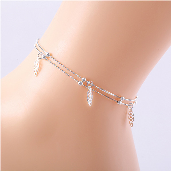 New Charm Two Layers Round Beads Summer Beach Anklets Hollow Leaves Foot Jewelry Bracelet Chain Link Anklet For Women Wholesale