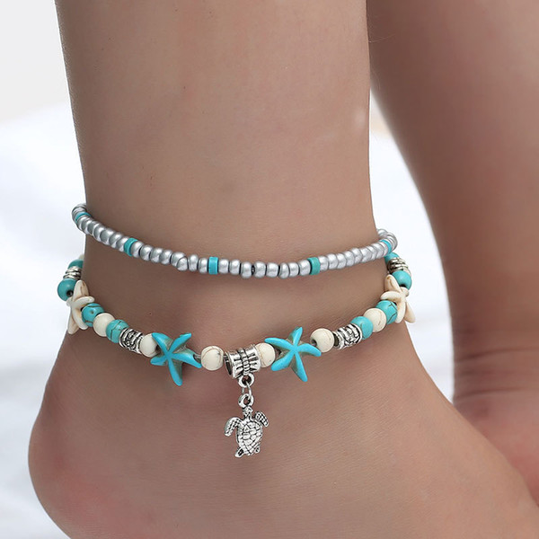 Vintage Boho Style Turquoise Starfish Sea Turtle Wave Pendant Anklets Women Multi Layer Anklet Bracelet Handmade Foot Jewelry