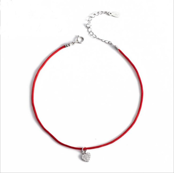 New European and American fashion trend sterling silver accessories ankle girls personality simple red rope silver jewelry heart-shaped dril