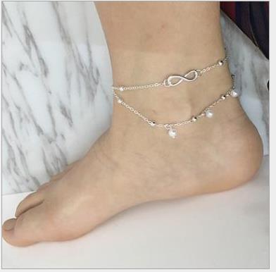 Euro-American fashion hip-hop fashion personality accessories Xiao Qingxin Jewelry Lady's alloy foot chain 8 double-layer Pearl footchain ex