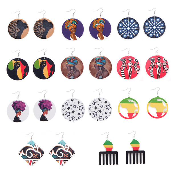 Fashion Africa Ladies Women Head Mixed Styles Wooden Wood Round Printing Africa Map Earrings Free Shipping Hip Hop Women Earring