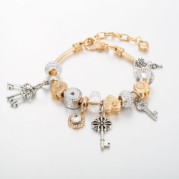 Gold Beaded Pandora Bracelet With Large Holes DIY Key Heart Adjustable Length Bracelet for Girls Hands