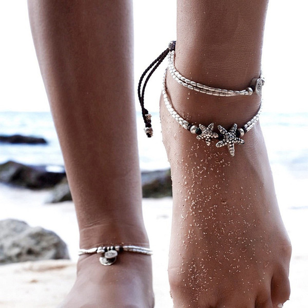 Anklets women Jewelry 2018 simple Anklets new summer Beach Multilayer Leg Chain Boho Ethnic Hippie Tassel star body foot Jewelry wholesale