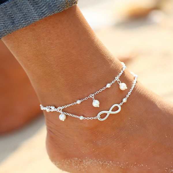 Vintage Fashion Summer Beach Anklet Bracelet Infinity Foot Jewelry Pearl Bead Gold Silver Chain Anklets Foot Chain for Women Lots Wholesale