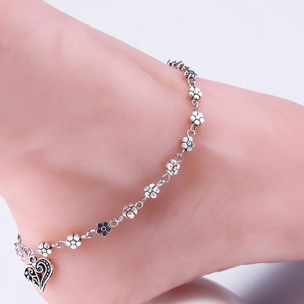 12pcs Vintage Silver Tassels Flower Heart Pendant Foot Anklets Bracelets. Women Smart bangles