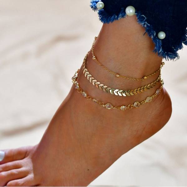 3PCS/SET Bohemia Multilayer Rhinestone Bracelet Ankle Bohemian Adjustable Chain Anklets For Women Vintage Summer Barefoot Jewelry