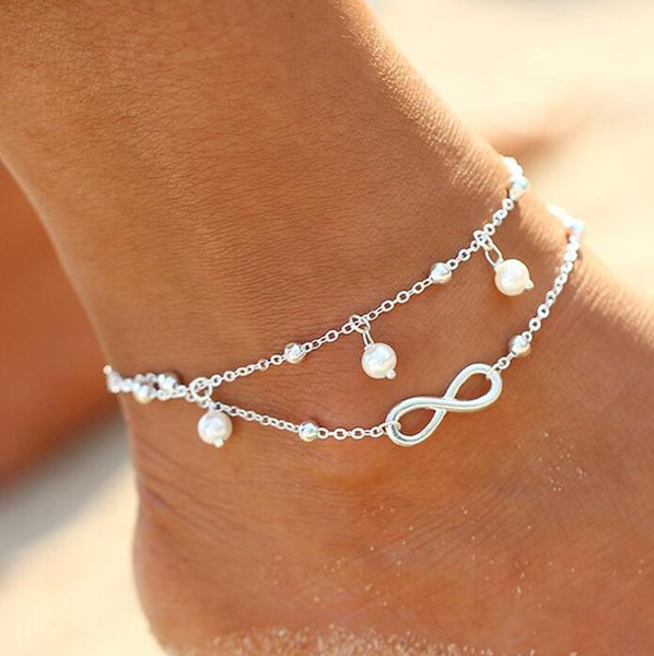 Vintage Fashion Summer Beach Anklet Bracelet Infinity Foot Jewelry Pearl Bead Gold Silver Chain Anklets Foot Chain for Women