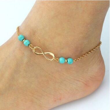 Sexy Women Infinity Anklet Bracelet Gold Tone Bohemian Turquoise Beads Beach Anklets Turquoise Foot Chain