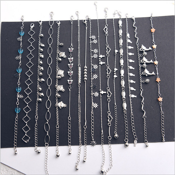 16pcs/lot Women Foot Chain Metallic Fashion Sweet Heart Bow Sexy Ankle Chain New Lady Elegant Minimalistic Love Heart Bracelet Anklet Ankle