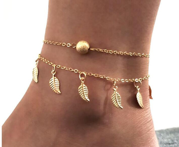 12pcs/lot new hot gold siver women's ladies' beach leaf anklets foot jewelry Simple double tassel ethnic style women's small leaf anklet