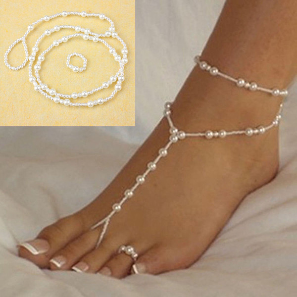 Fashion Wedding Foot Chain Jewelry Anklet Chains Women Beach Imitation Pearl Barefoot Sandals Foot Jewelry Crystal Sandals KKA6154