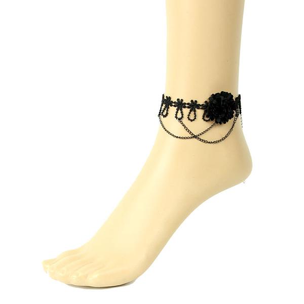 Women Vintage Retro Black Lace Floral Ankle Anklet Ladies Flower Masquerade Foot Bracelet Cosplay Show Barefoot Sandals