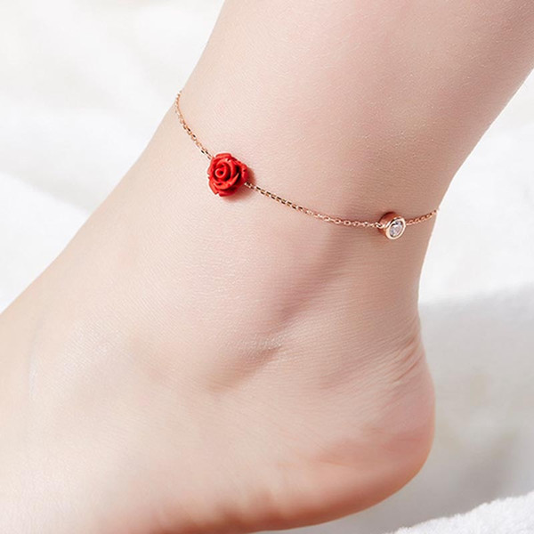 Red Trees Brand Real 925 Sterling Silver Women Foot Bracelet Fine Jewelry Fashion Red Rose Ankle Bracelet Silver Drop Shipping