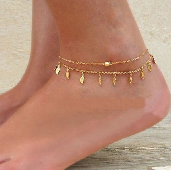 Newest Women Ankle Bracelet Chain Lady Barefoot Sandals Tassel Little Leaf Foot Chain Bohemian retro Pendant Alloy Anklets