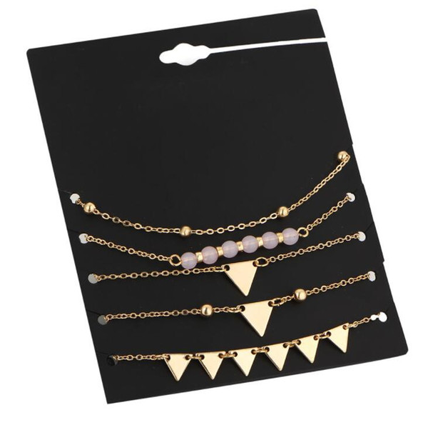 Simple Triangle Anklet Bracelet Set Gold Chain Beads Bracelet Anklet Party Gift Accessories 5 pcs/set