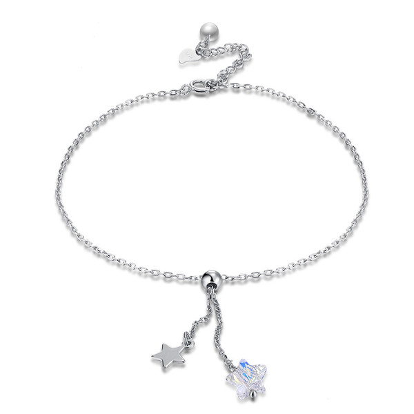 S925 Silver Anklets Two Stars Sterling Silver Small Fresh Swarovski Elements Crystal Foot Bracelet Anklet Fashionable Jewelry Gift POTALA603