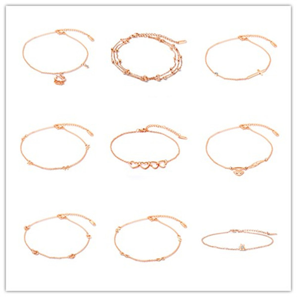 Vintage Crystal Anklets For Women Casual Beach Vacation Stainless Steel Rose Gold Shoe Boot Chain Bracelet Foot Jewelry GZ066-074