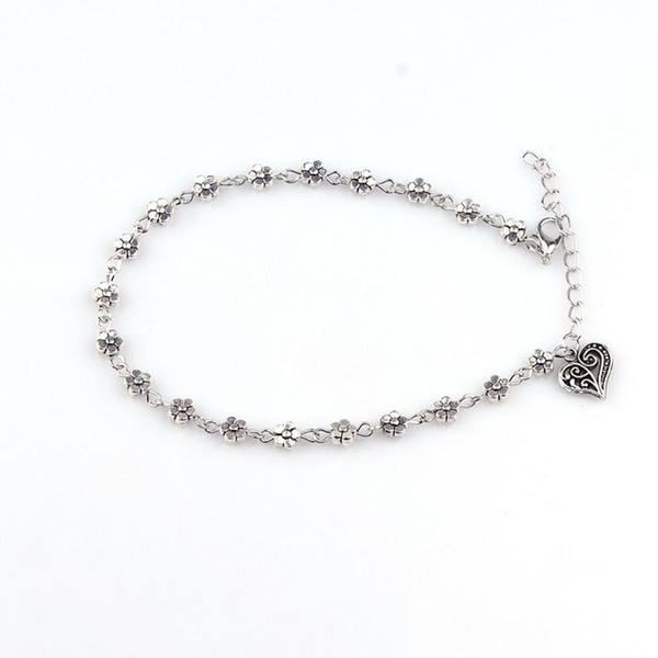 Vintage Silver Tassels Flower Heart Pendant Foot Anklets Bracelets. Women Smart bangles K3598