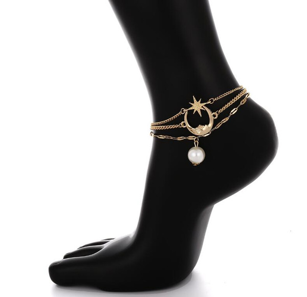 Fashion Ladies Anklet Summer Travel Beach Jewelry Three-tiered Feet Ladies Simple Moon Stars Temperament Pearl Anklet Wholesale