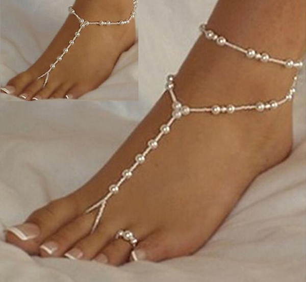 barefoot sandals stretch anklet chain with toe ring slave anklets chain 1pair/lot retaile sandbeach wedding bridal bridesmaid foot jewelry