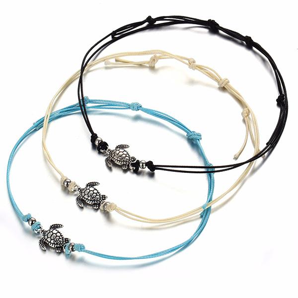 Wemons Vintage Wax Cord Ankle Bracelet Sliver Plated Turtle Barefoot Sandals Summer Beach Foot Chain Anklet Jewelry