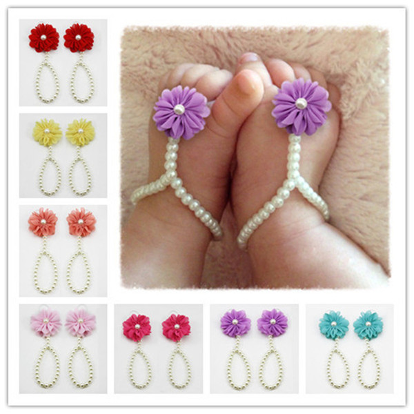 Fashion baby girl diy anklet Barefoot Sandals cute chiffon pearl Soft shoes children's accessories birthday party gift free ship B0604