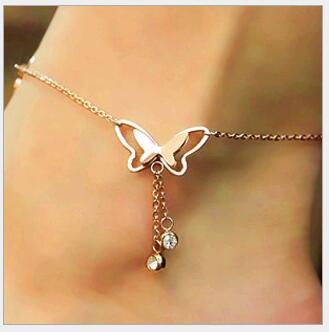 Delicate Women Barefoot Sandle Butterfly Tassel Titanium Steel Rose Gold Bridal Wedding Beach Ankletsfor Women ornament ankle bracelet