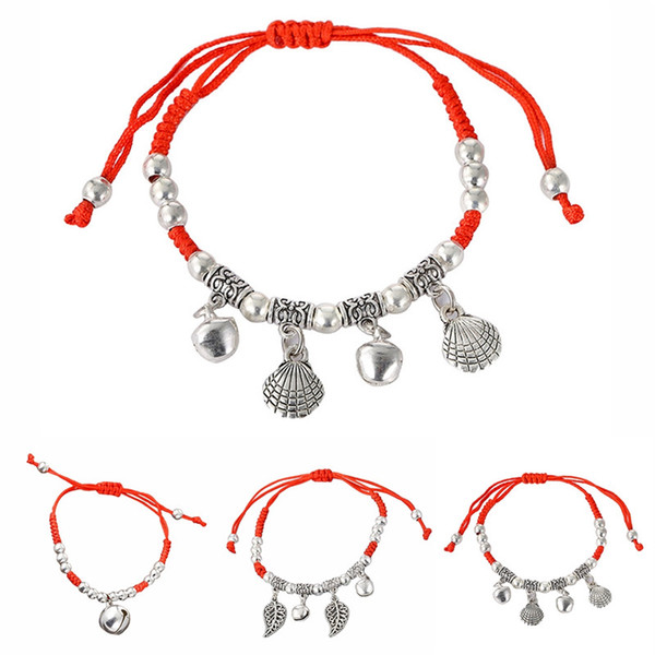 20pcs Red Rope Woven Bracelets Hand-made Bells Lucky Cats Long Life Locks Ornaments Anklets Beach Wind For Women