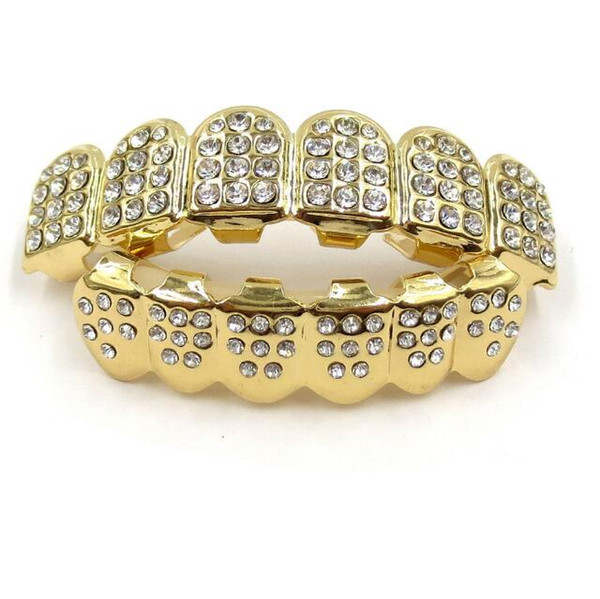 Gold Grills Hip Hop Gold ICED OUT CZ Diamonds Teeth Top Silver Hiphop Jewelry Gold Teeth Grillz Rhinestone Top&Bottom Grills Set Shiny Tooth
