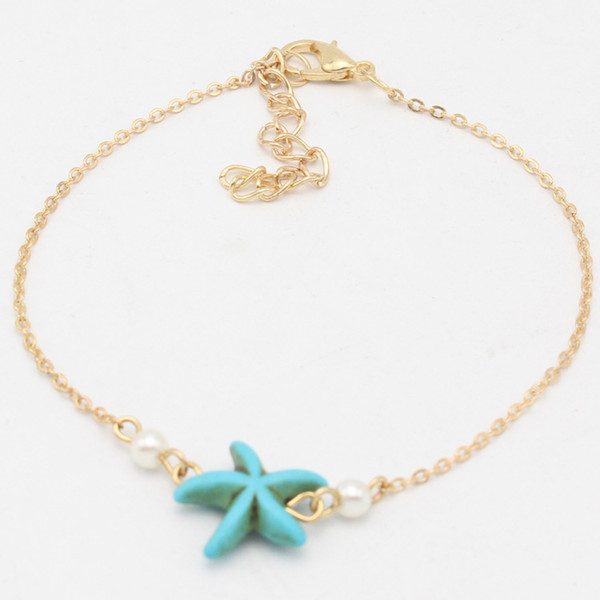 European and American summer popular beach ornaments turquoise starfish pearl simple anklet
