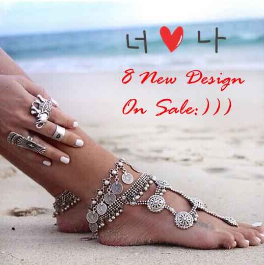 1 pair new 2015 Gypsy Antique tibetan Silver Turkish Coin barefoot sandals sandbeach wedding bridal Anklet Bracelet chain trible ethnic