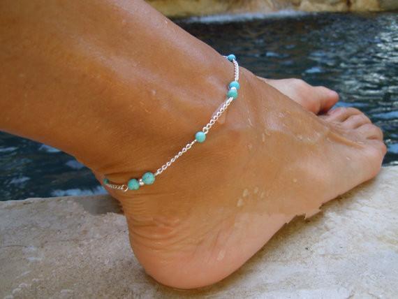Turquoise Beads Silver Chain Anklet souvenir Ankle Bracelet Foot Jewelry Barefoot Sandals 120pcs hot Jewelry CNY940