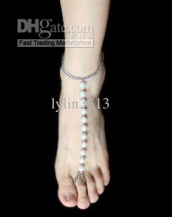 Women Jewelry New Arrival Barefoot Sandals Pearl Beads Stretch Chains Beach Anklets with Toe Rings 24pcs